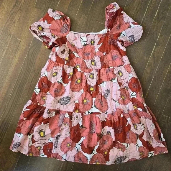 Ann Taylor Loft Coral Large Floral Poppy Square Neck Puff Sleeve Dress 4 - Picture 4 of 15